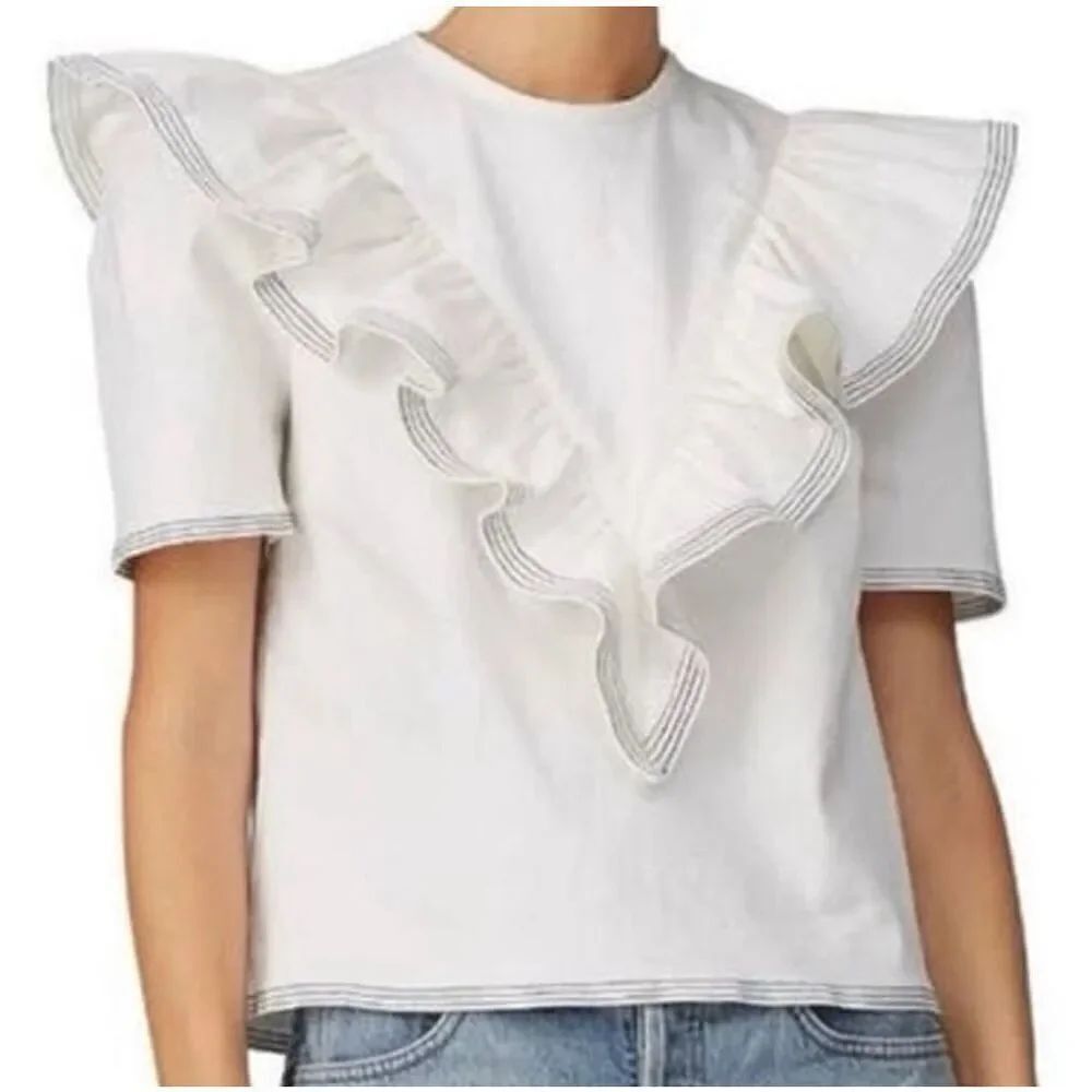 Saylor Anthropologie Harriette Denim Ruffle Sailor Top Size Small